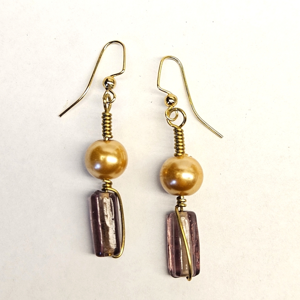 Purple Glass and Tan Faux Pearl Beaded Earrings